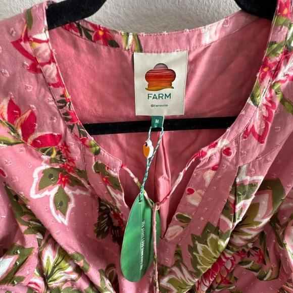Farm Rio New Aura Floral Pink Tiered Mini Peasant Dress Medium Long Sleeve - Picture 4 of 15